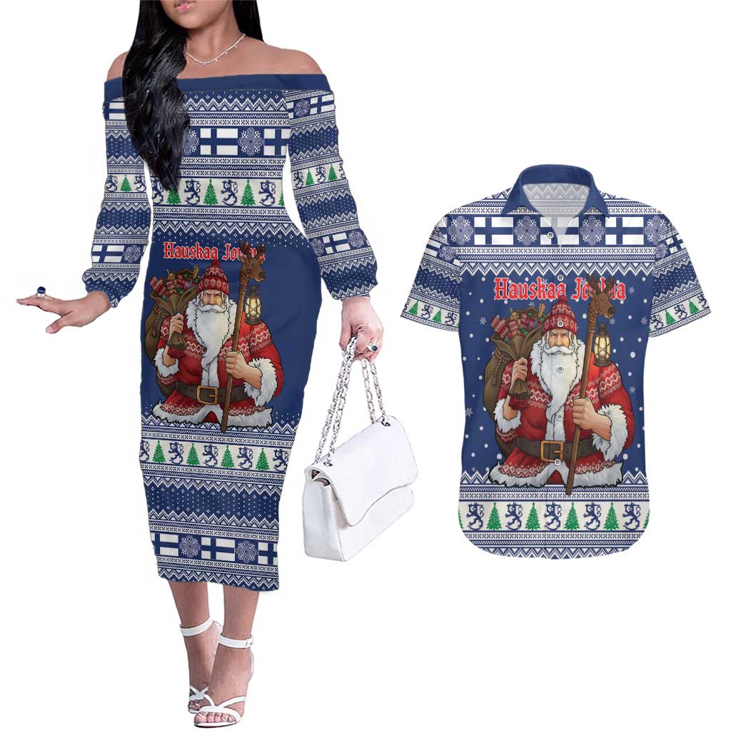Funny Finland Christmas Couples Matching Off The Shoulder Long Sleeve Dress and Hawaiian Shirt Hauskaa Joulua Joulupukki - Wonder Print Shop