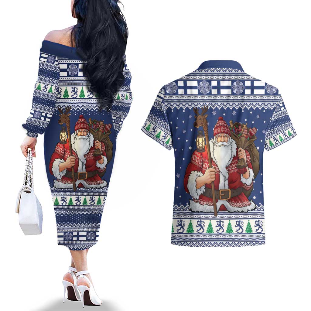 Funny Finland Christmas Couples Matching Off The Shoulder Long Sleeve Dress and Hawaiian Shirt Hauskaa Joulua Joulupukki - Wonder Print Shop