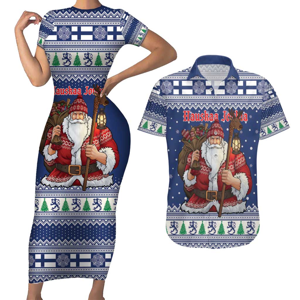 Funny Finland Christmas Couples Matching Short Sleeve Bodycon Dress and Hawaiian Shirt Hauskaa Joulua Joulupukki - Wonder Print Shop