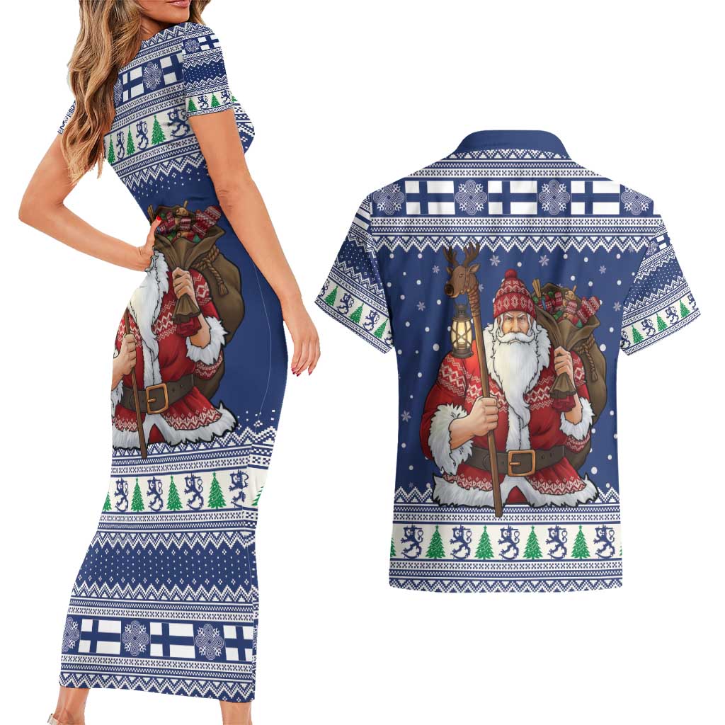 Funny Finland Christmas Couples Matching Short Sleeve Bodycon Dress and Hawaiian Shirt Hauskaa Joulua Joulupukki - Wonder Print Shop
