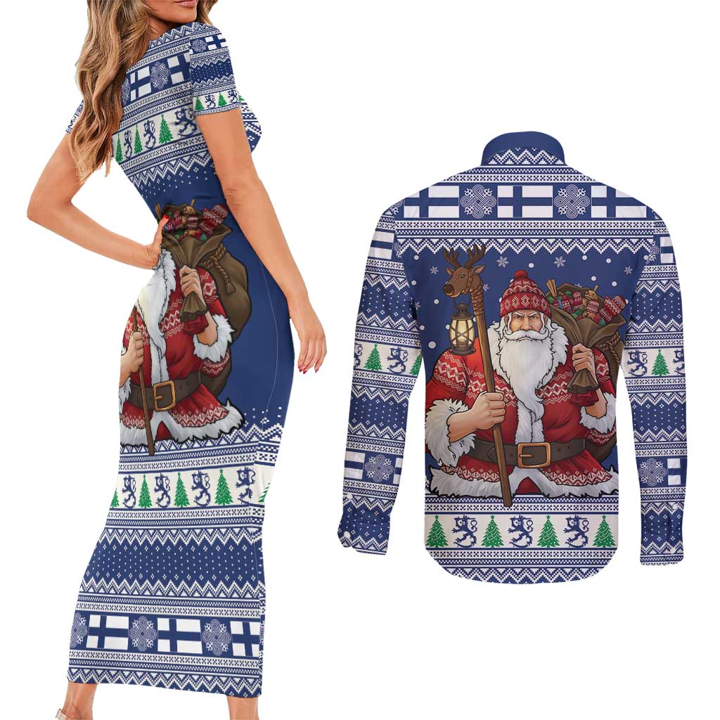 Funny Finland Christmas Couples Matching Short Sleeve Bodycon Dress and Long Sleeve Button Shirt Hauskaa Joulua Joulupukki - Wonder Print Shop