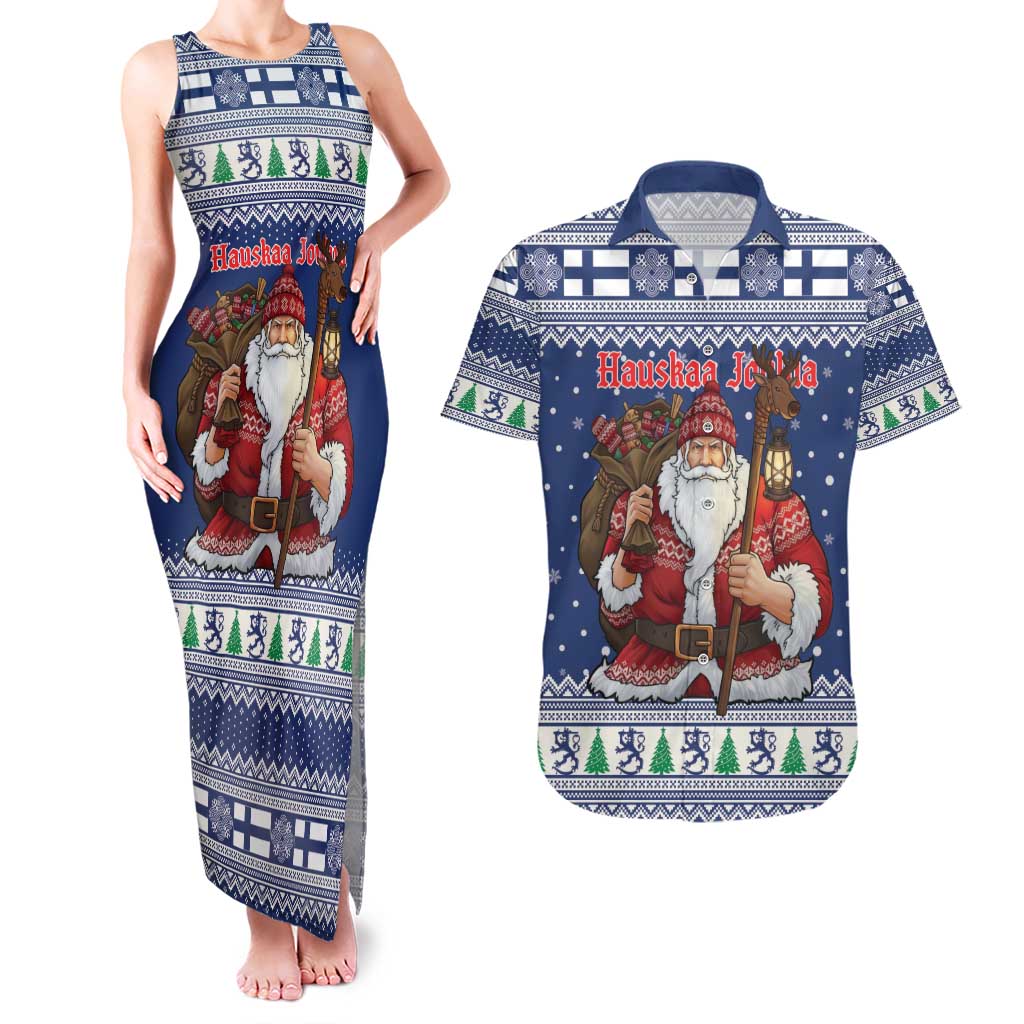 Funny Finland Christmas Couples Matching Tank Maxi Dress and Hawaiian Shirt Hauskaa Joulua Joulupukki - Wonder Print Shop
