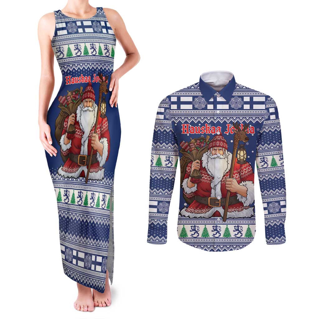 Funny Finland Christmas Couples Matching Tank Maxi Dress and Long Sleeve Button Shirt Hauskaa Joulua Joulupukki - Wonder Print Shop