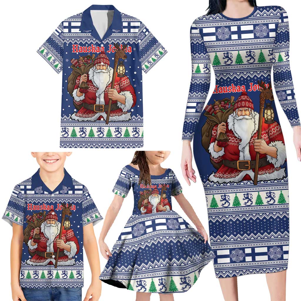 Funny Finland Christmas Family Matching Long Sleeve Bodycon Dress and Hawaiian Shirt Hauskaa Joulua Joulupukki - Wonder Print Shop