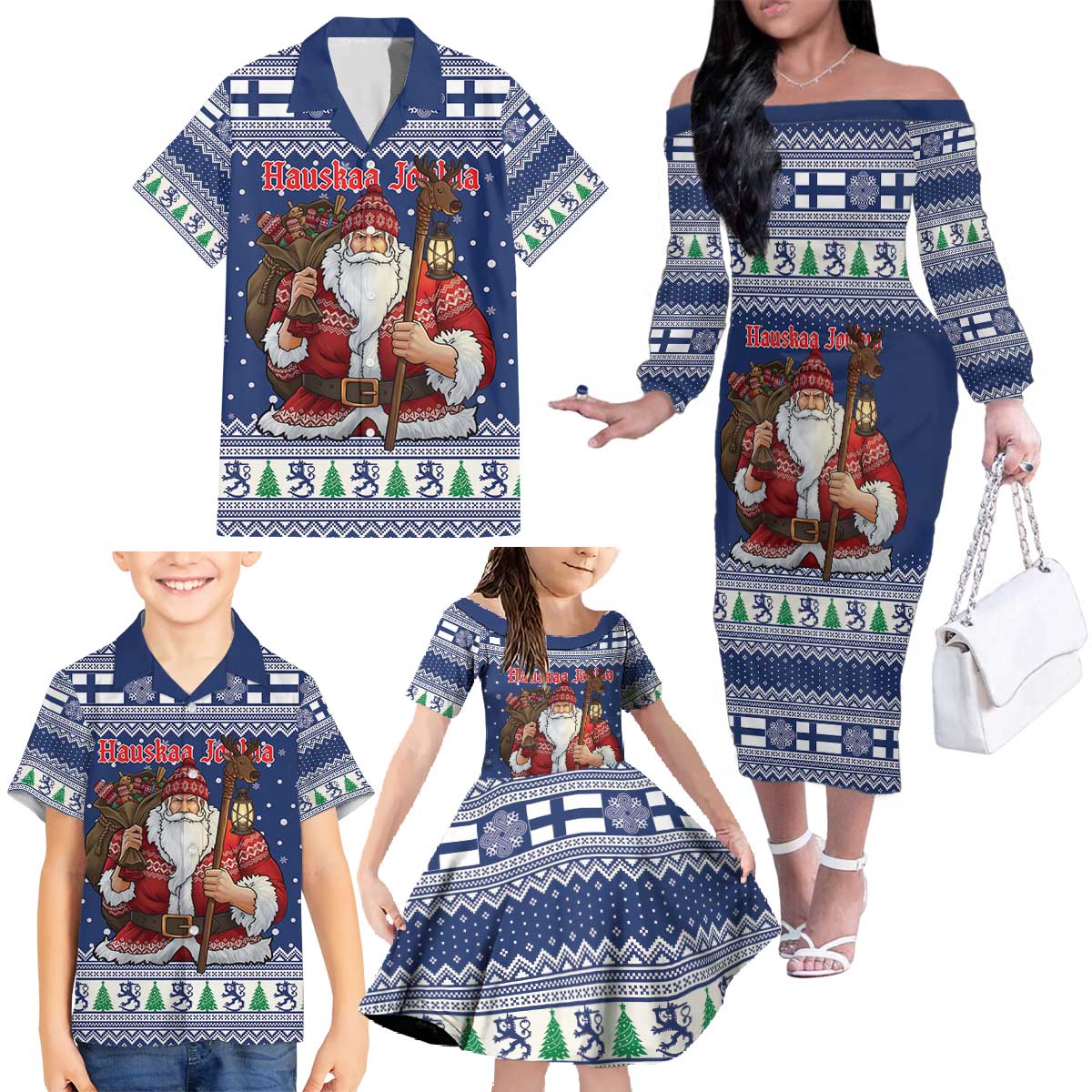 Funny Finland Christmas Family Matching Off The Shoulder Long Sleeve Dress and Hawaiian Shirt Hauskaa Joulua Joulupukki - Wonder Print Shop