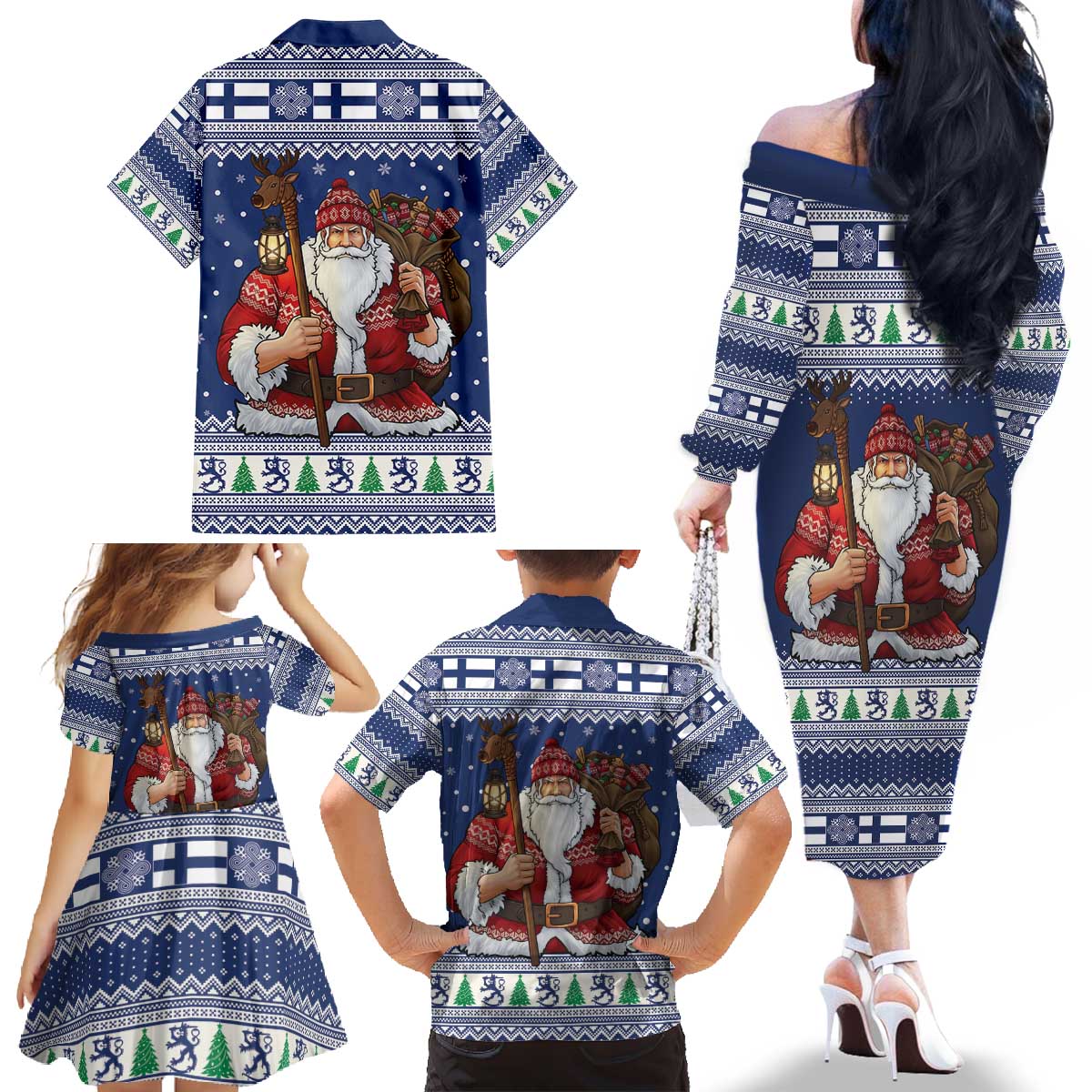 Funny Finland Christmas Family Matching Off The Shoulder Long Sleeve Dress and Hawaiian Shirt Hauskaa Joulua Joulupukki - Wonder Print Shop