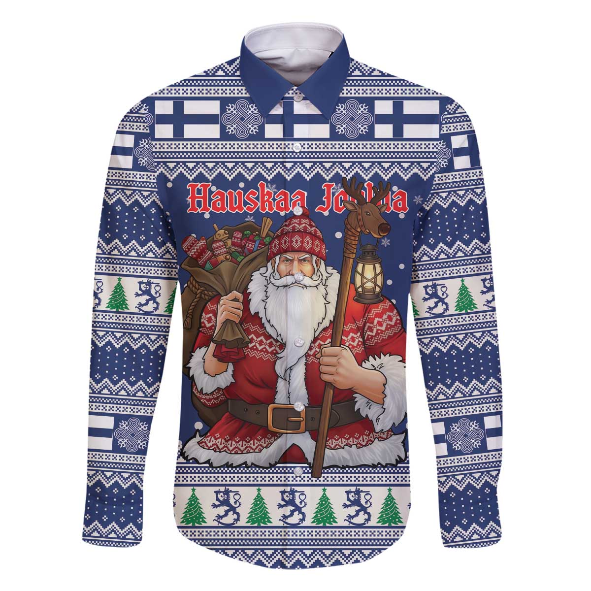 Funny Finland Christmas Family Matching Off The Shoulder Long Sleeve Dress and Hawaiian Shirt Hauskaa Joulua Joulupukki - Wonder Print Shop