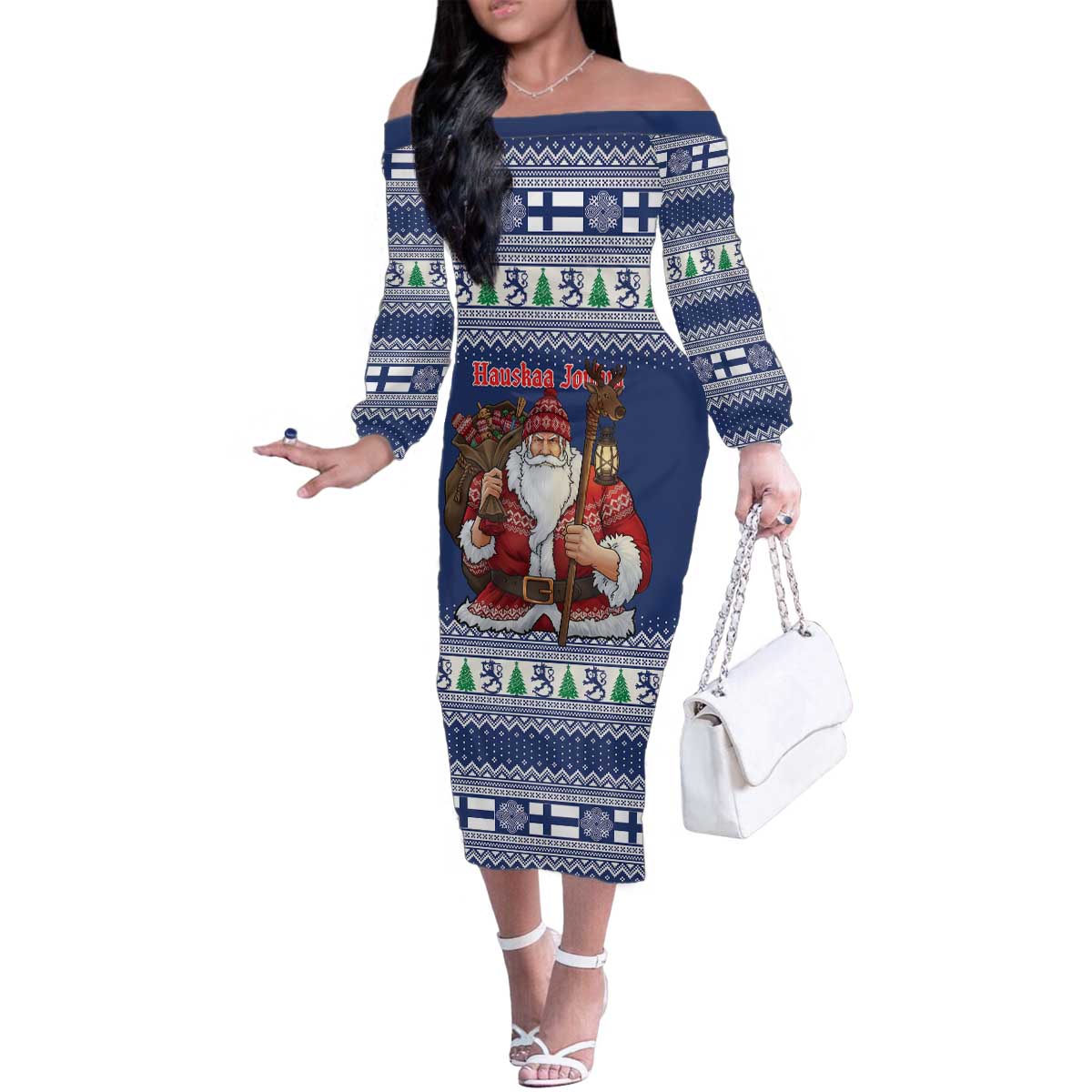 Funny Finland Christmas Family Matching Off The Shoulder Long Sleeve Dress and Hawaiian Shirt Hauskaa Joulua Joulupukki - Wonder Print Shop