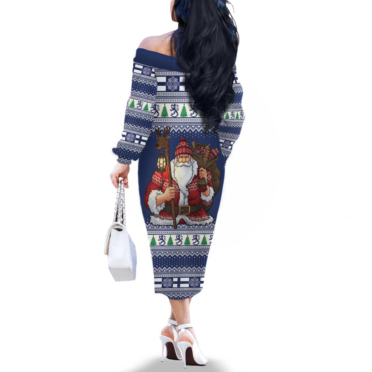 Funny Finland Christmas Family Matching Off The Shoulder Long Sleeve Dress and Hawaiian Shirt Hauskaa Joulua Joulupukki - Wonder Print Shop