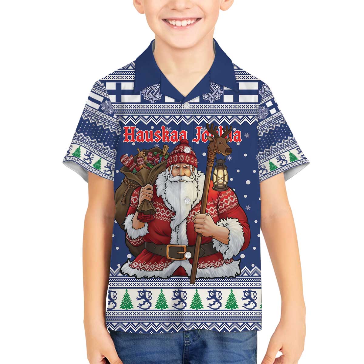 Funny Finland Christmas Family Matching Off The Shoulder Long Sleeve Dress and Hawaiian Shirt Hauskaa Joulua Joulupukki - Wonder Print Shop