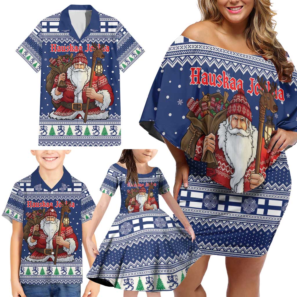 Funny Finland Christmas Family Matching Off Shoulder Short Dress and Hawaiian Shirt Hauskaa Joulua Joulupukki - Wonder Print Shop