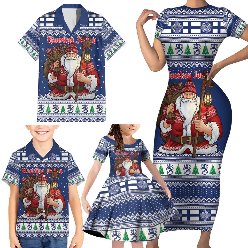 Funny Finland Christmas Family Matching Short Sleeve Bodycon Dress and Hawaiian Shirt Hauskaa Joulua Joulupukki - Wonder Print Shop