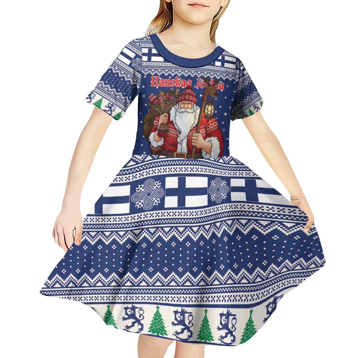 Funny Finland Christmas Kid Short Sleeve Dress Hauskaa Joulua Joulupukki - Wonder Print Shop