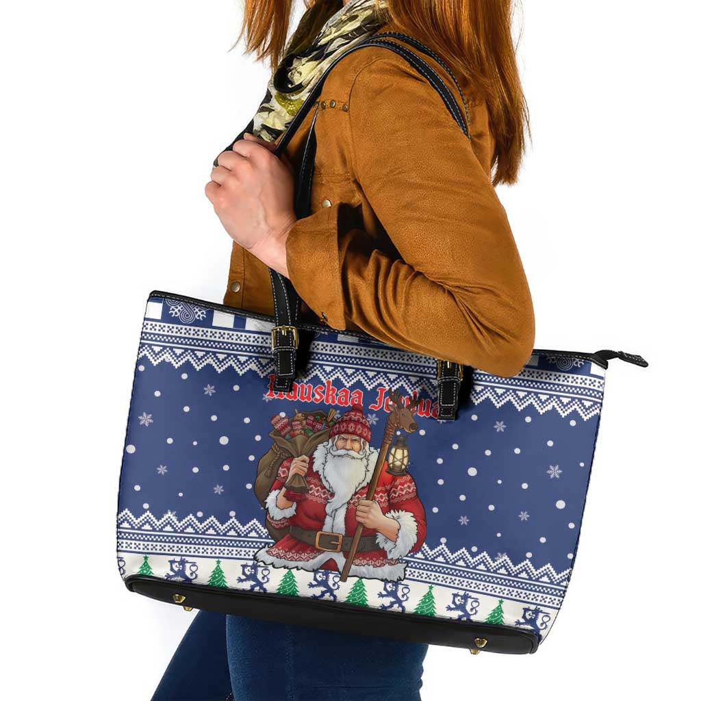 Funny Finland Christmas Leather Tote Bag Hauskaa Joulua Joulupukki - Wonder Print Shop