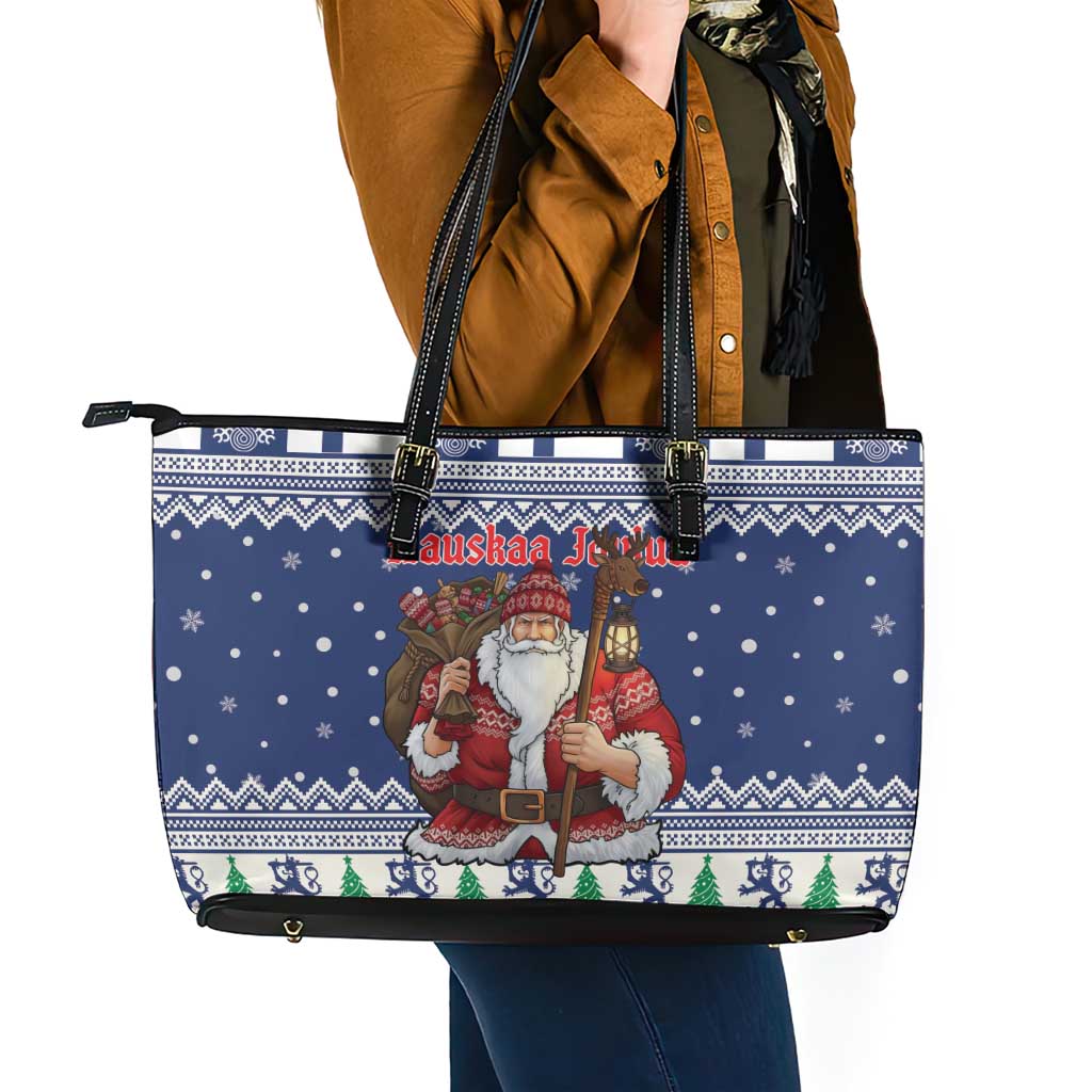 Funny Finland Christmas Leather Tote Bag Hauskaa Joulua Joulupukki - Wonder Print Shop