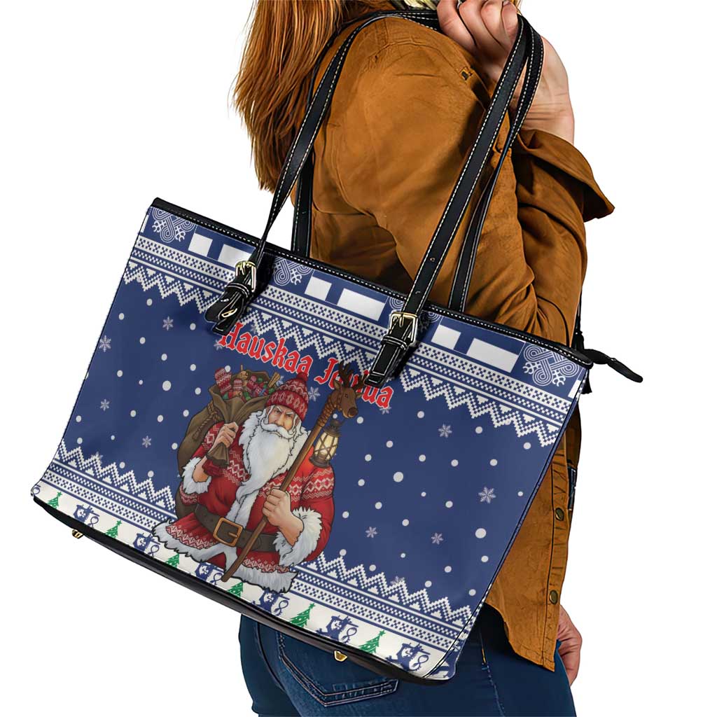 Funny Finland Christmas Leather Tote Bag Hauskaa Joulua Joulupukki - Wonder Print Shop