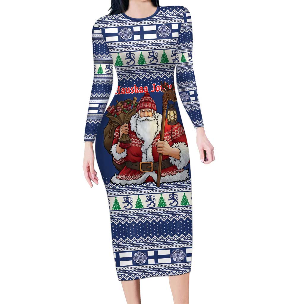Funny Finland Christmas Long Sleeve Bodycon Dress Hauskaa Joulua Joulupukki - Wonder Print Shop