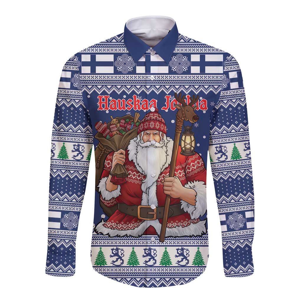 Funny Finland Christmas Long Sleeve Button Shirt Hauskaa Joulua Joulupukki - Wonder Print Shop