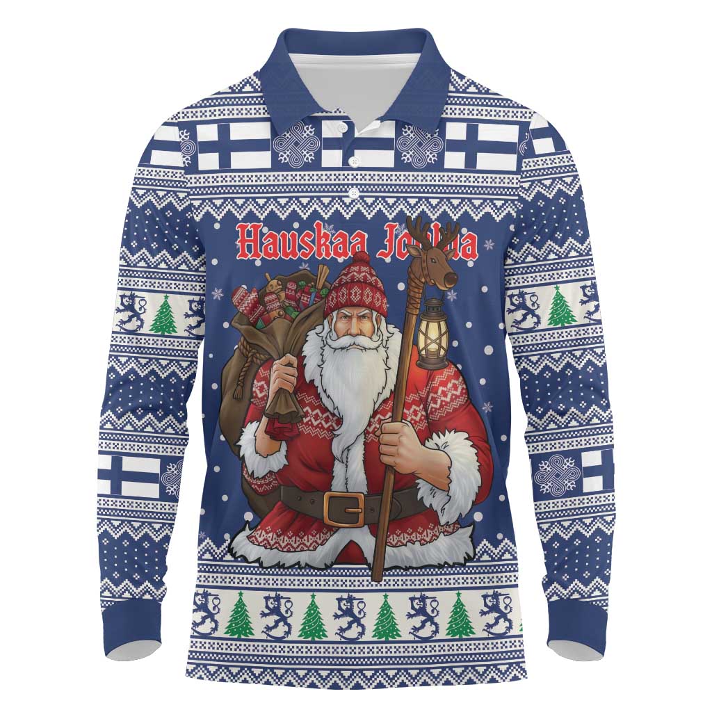 Funny Finland Christmas Long Sleeve Polo Shirt Hauskaa Joulua Joulupukki - Wonder Print Shop