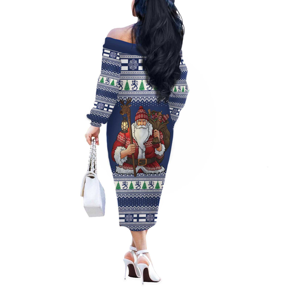 Funny Finland Christmas Off The Shoulder Long Sleeve Dress Hauskaa Joulua Joulupukki - Wonder Print Shop