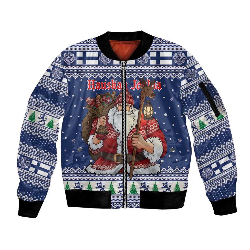 Funny Finland Christmas Sleeve Zip Bomber Jacket Hauskaa Joulua Joulupukki - Wonder Print Shop