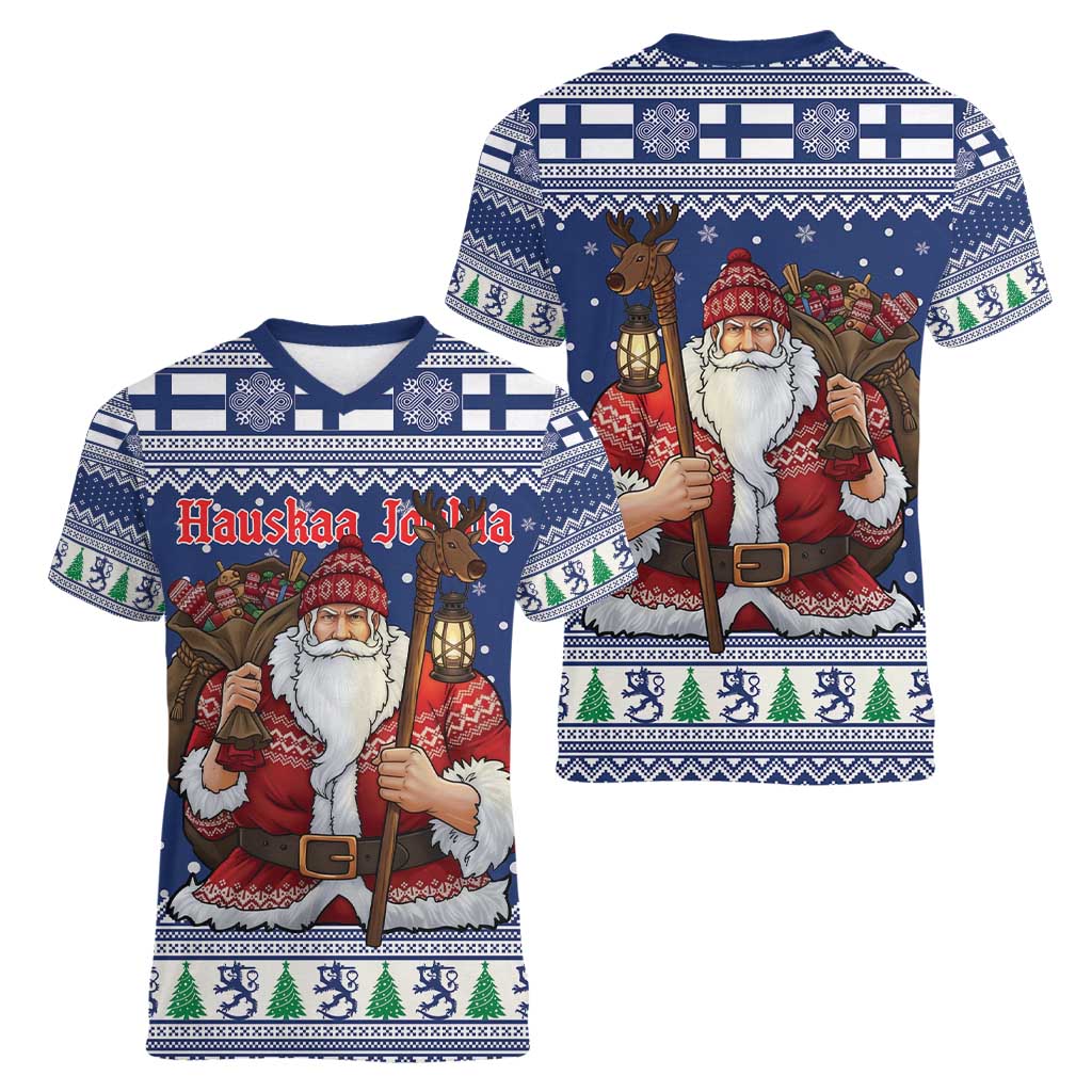 Funny Finland Christmas Women V-Neck T-Shirt Hauskaa Joulua Joulupukki - Wonder Print Shop