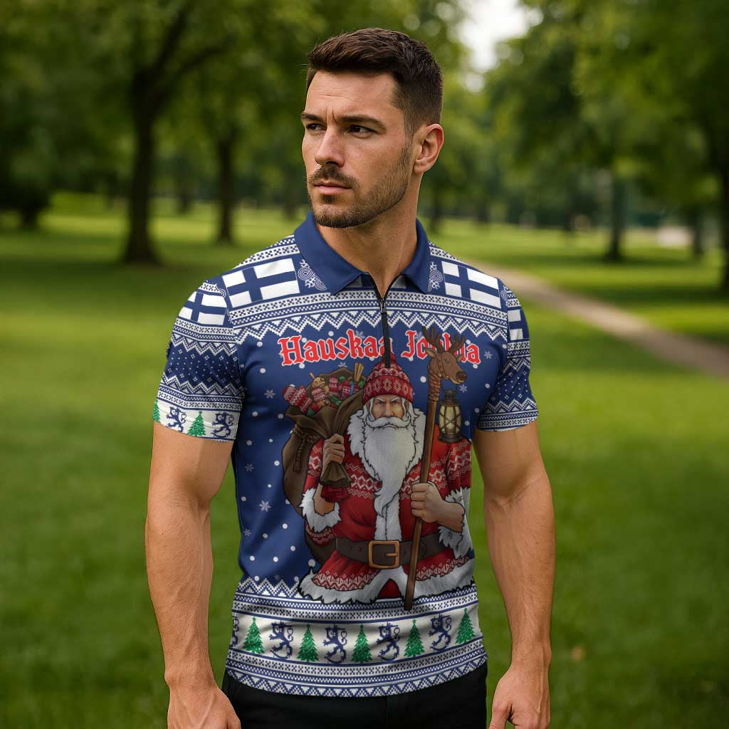 Funny Finland Christmas Zipper Polo Shirt Hauskaa Joulua Joulupukki - Wonder Print Shop