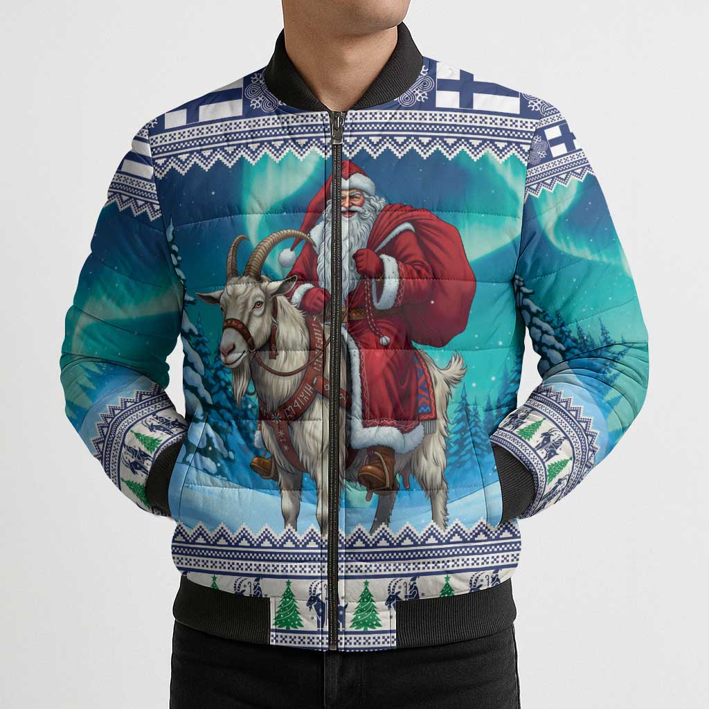 Finland Joulupukki Christmas Bomber Puffer Jacket Riding the Yule Goat - Wonder Print Shop