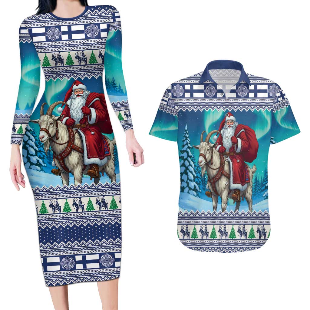 Finland Joulupukki Christmas Couples Matching Long Sleeve Bodycon Dress and Hawaiian Shirt Riding the Yule Goat - Wonder Print Shop