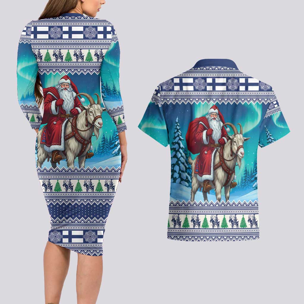 Finland Joulupukki Christmas Couples Matching Long Sleeve Bodycon Dress and Hawaiian Shirt Riding the Yule Goat - Wonder Print Shop