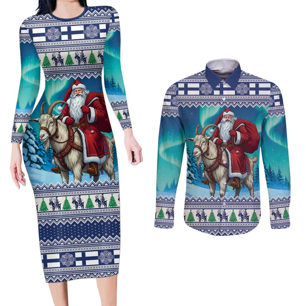Finland Joulupukki Christmas Couples Matching Long Sleeve Bodycon Dress and Long Sleeve Button Shirt Riding the Yule Goat - Wonder Print Shop