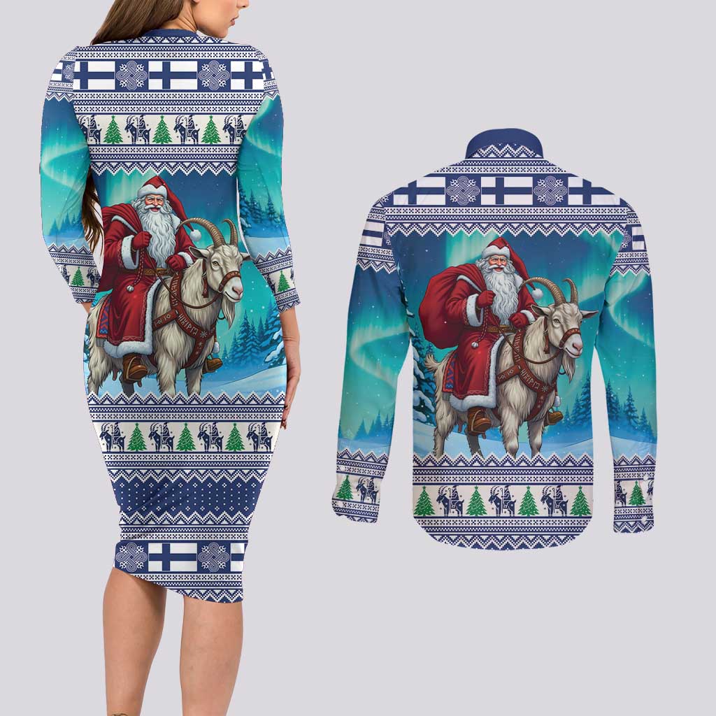 Finland Joulupukki Christmas Couples Matching Long Sleeve Bodycon Dress and Long Sleeve Button Shirt Riding the Yule Goat - Wonder Print Shop