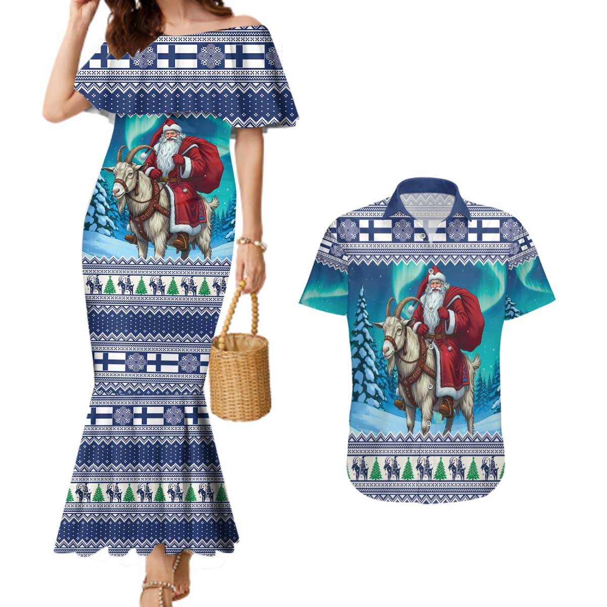 Finland Joulupukki Christmas Couples Matching Mermaid Dress and Hawaiian Shirt Riding the Yule Goat - Wonder Print Shop