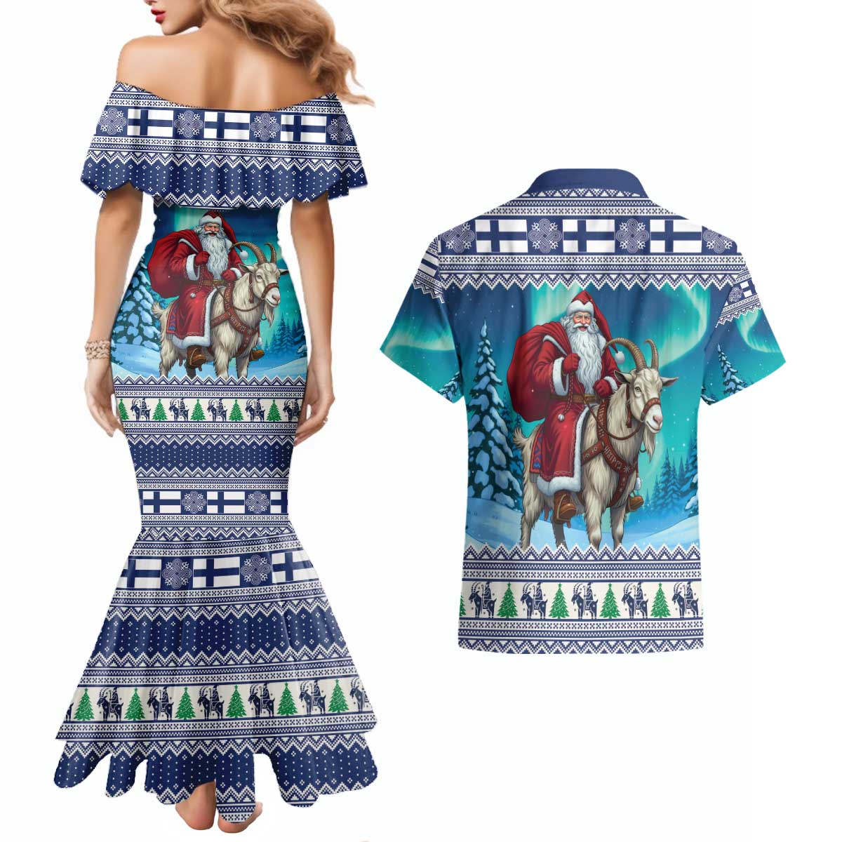 Finland Joulupukki Christmas Couples Matching Mermaid Dress and Hawaiian Shirt Riding the Yule Goat - Wonder Print Shop