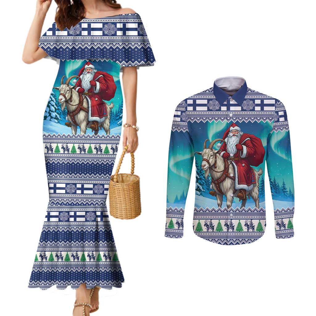 Finland Joulupukki Christmas Couples Matching Mermaid Dress and Long Sleeve Button Shirt Riding the Yule Goat - Wonder Print Shop