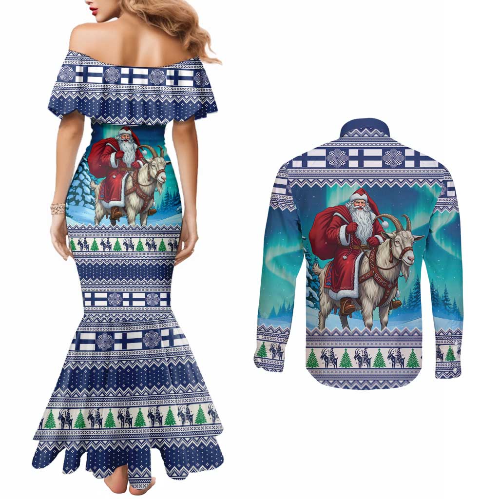Finland Joulupukki Christmas Couples Matching Mermaid Dress and Long Sleeve Button Shirt Riding the Yule Goat - Wonder Print Shop