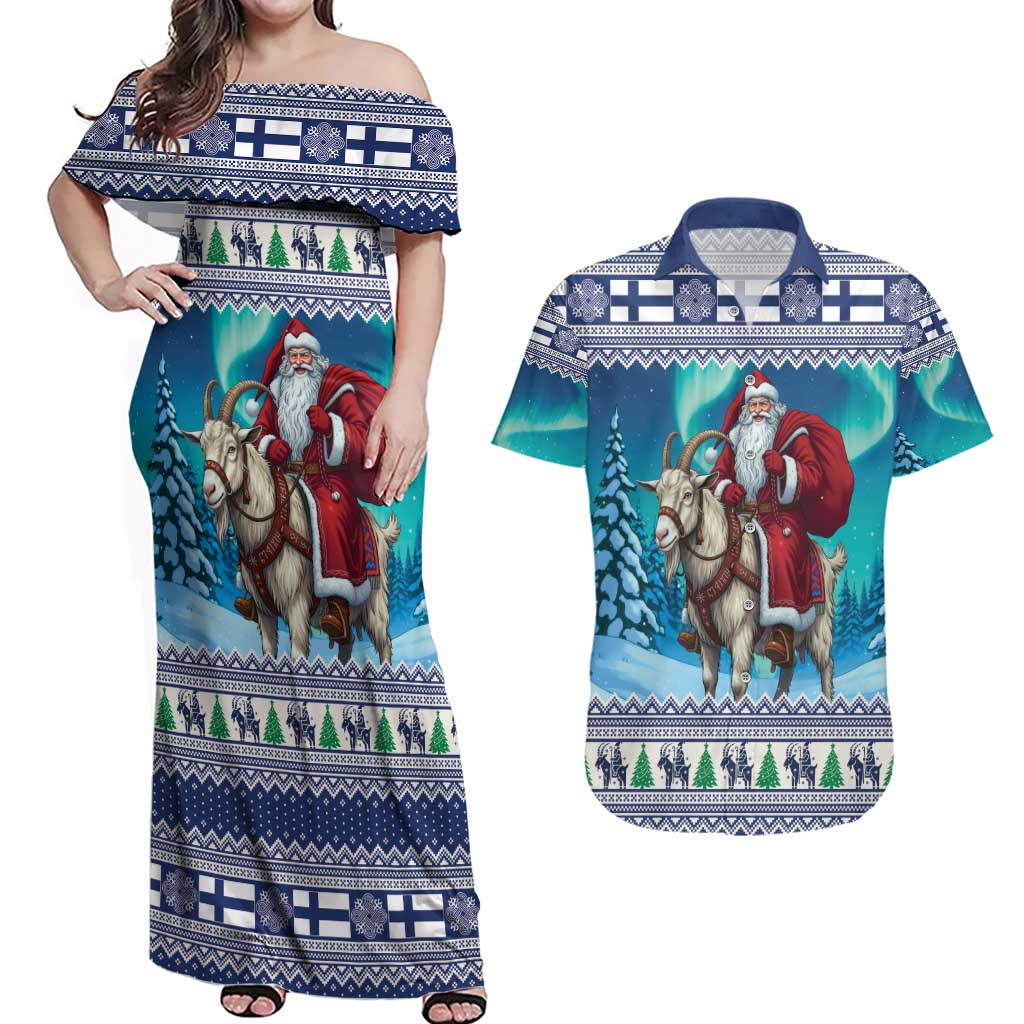 Finland Joulupukki Christmas Couples Matching Off Shoulder Maxi Dress and Hawaiian Shirt Riding the Yule Goat - Wonder Print Shop