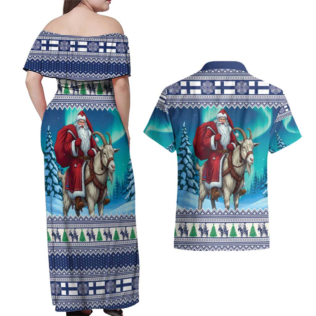 Finland Joulupukki Christmas Couples Matching Off Shoulder Maxi Dress and Hawaiian Shirt Riding the Yule Goat - Wonder Print Shop