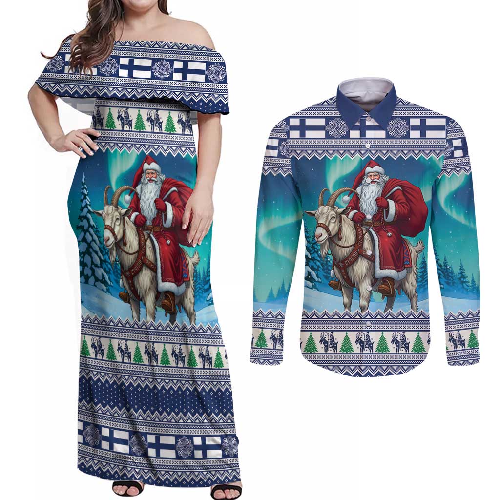 Finland Joulupukki Christmas Couples Matching Off Shoulder Maxi Dress and Long Sleeve Button Shirt Riding the Yule Goat - Wonder Print Shop