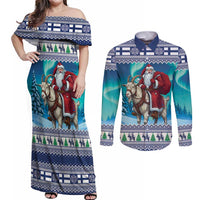 Finland Joulupukki Christmas Couples Matching Off Shoulder Maxi Dress and Long Sleeve Button Shirt Riding the Yule Goat - Wonder Print Shop