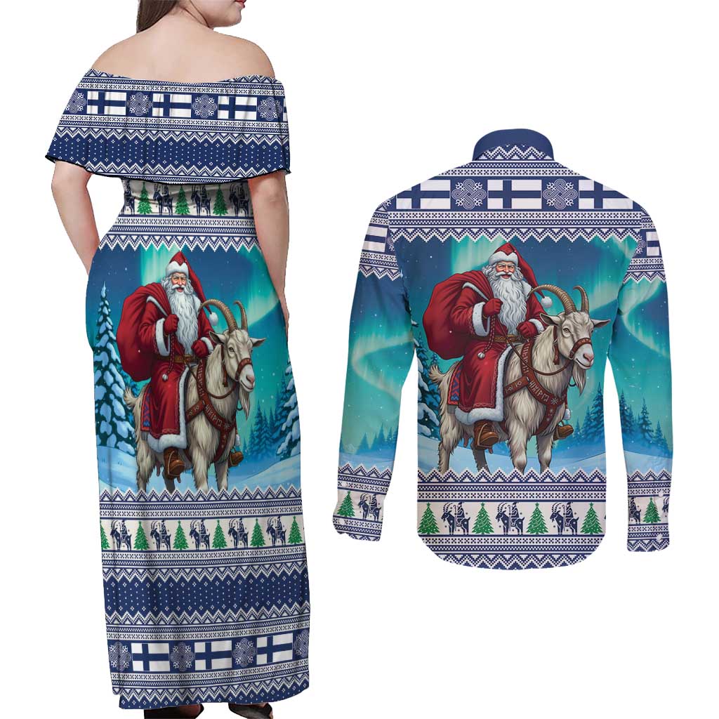 Finland Joulupukki Christmas Couples Matching Off Shoulder Maxi Dress and Long Sleeve Button Shirt Riding the Yule Goat - Wonder Print Shop