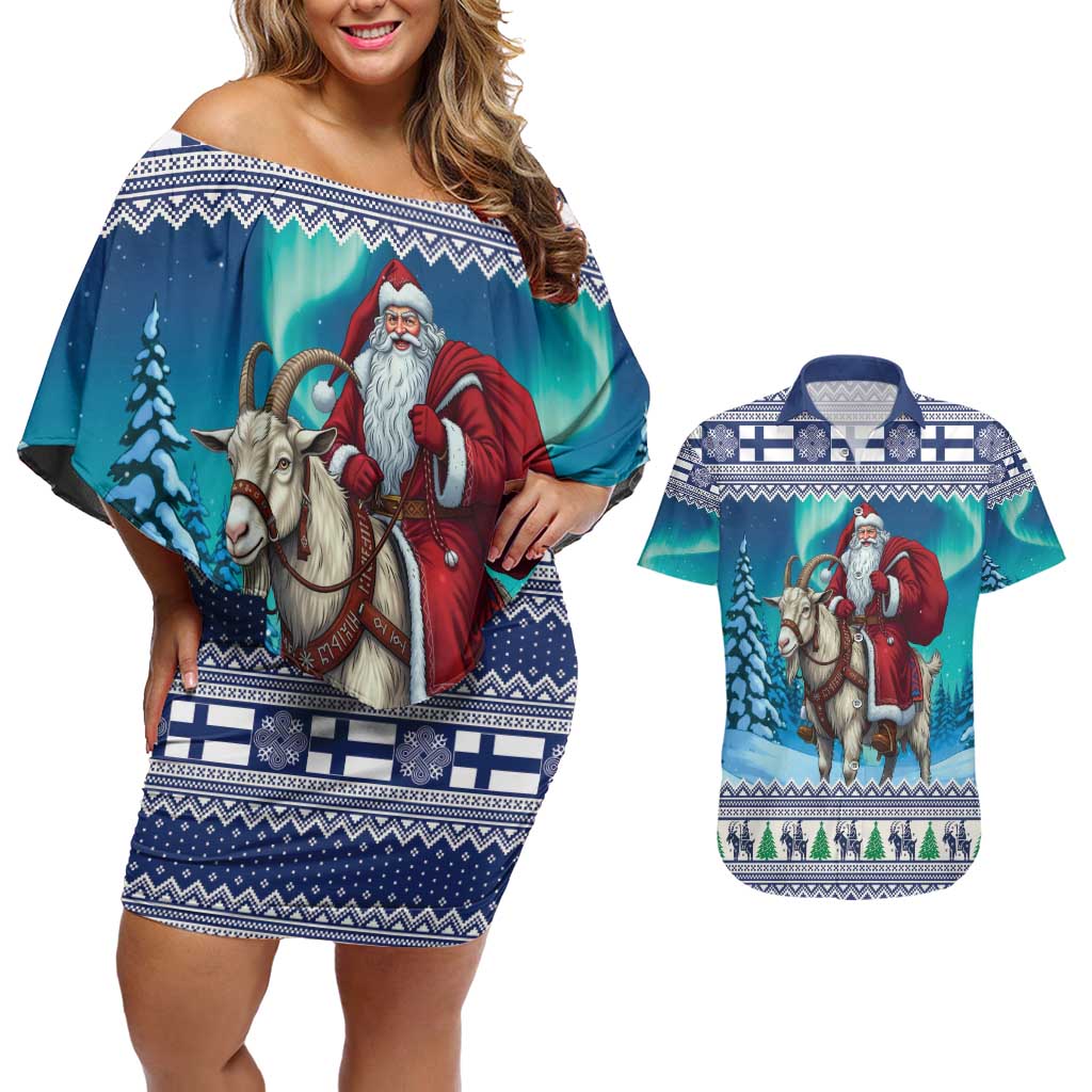 Finland Joulupukki Christmas Couples Matching Off Shoulder Short Dress and Hawaiian Shirt Riding the Yule Goat - Wonder Print Shop