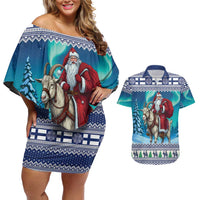 Finland Joulupukki Christmas Couples Matching Off Shoulder Short Dress and Hawaiian Shirt Riding the Yule Goat - Wonder Print Shop