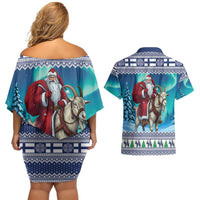 Finland Joulupukki Christmas Couples Matching Off Shoulder Short Dress and Hawaiian Shirt Riding the Yule Goat - Wonder Print Shop