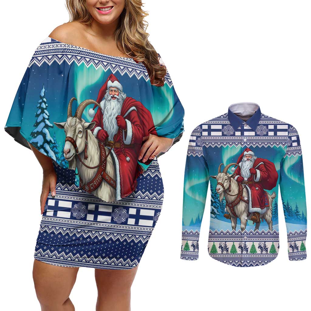 Finland Joulupukki Christmas Couples Matching Off Shoulder Short Dress and Long Sleeve Button Shirt Riding the Yule Goat - Wonder Print Shop