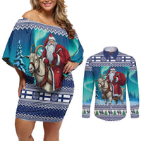 Finland Joulupukki Christmas Couples Matching Off Shoulder Short Dress and Long Sleeve Button Shirt Riding the Yule Goat - Wonder Print Shop