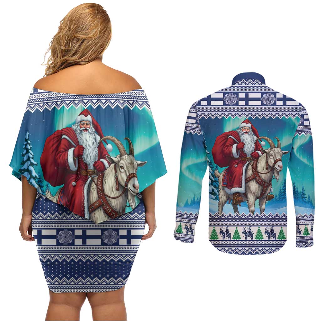 Finland Joulupukki Christmas Couples Matching Off Shoulder Short Dress and Long Sleeve Button Shirt Riding the Yule Goat - Wonder Print Shop