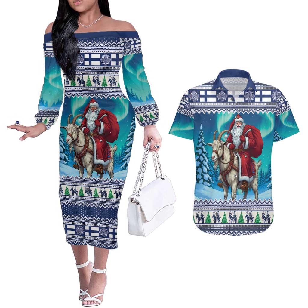 Finland Joulupukki Christmas Couples Matching Off The Shoulder Long Sleeve Dress and Hawaiian Shirt Riding the Yule Goat - Wonder Print Shop