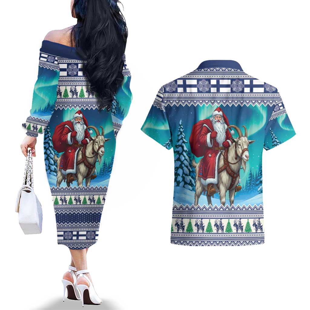 Finland Joulupukki Christmas Couples Matching Off The Shoulder Long Sleeve Dress and Hawaiian Shirt Riding the Yule Goat - Wonder Print Shop