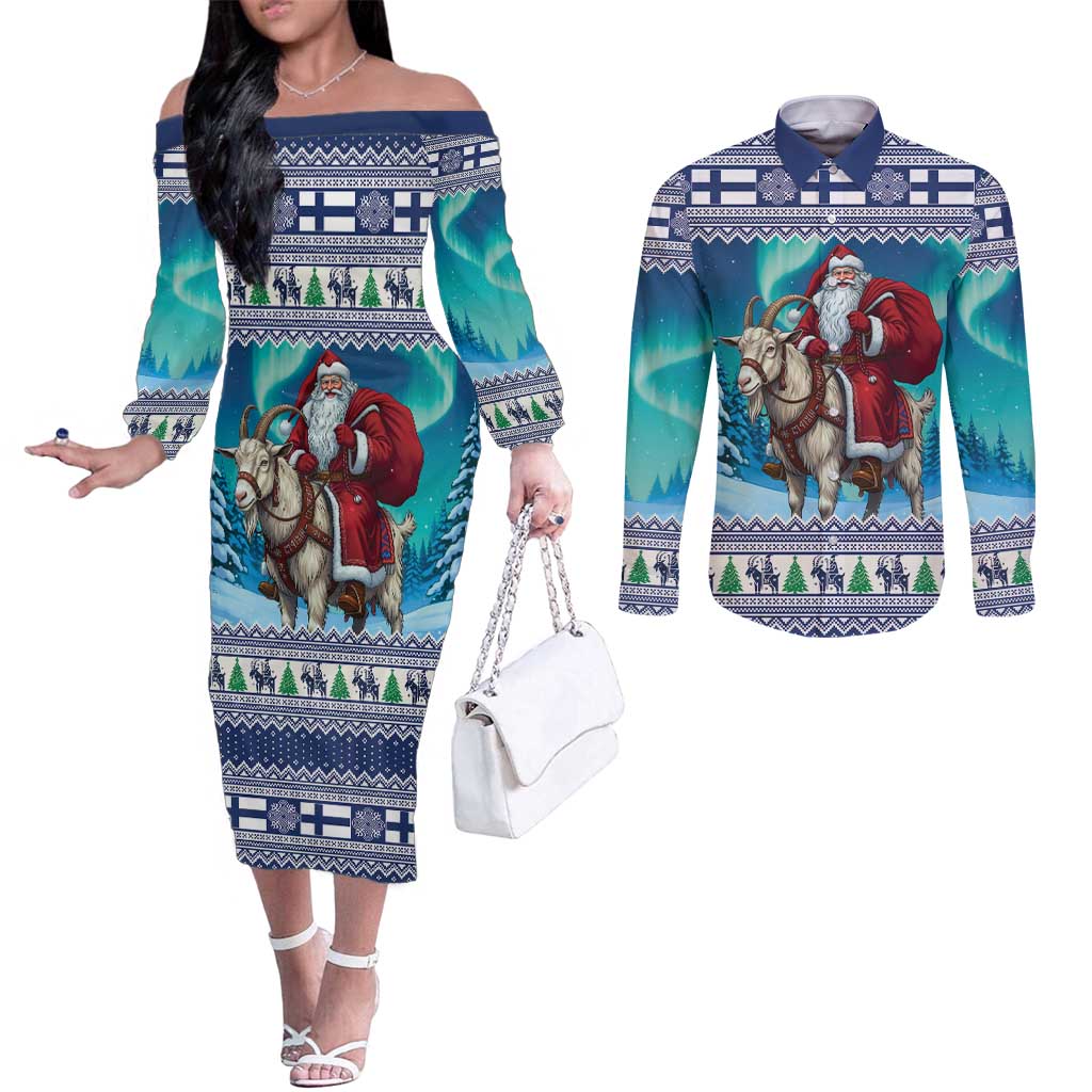 Finland Joulupukki Christmas Couples Matching Off The Shoulder Long Sleeve Dress and Long Sleeve Button Shirt Riding the Yule Goat - Wonder Print Shop